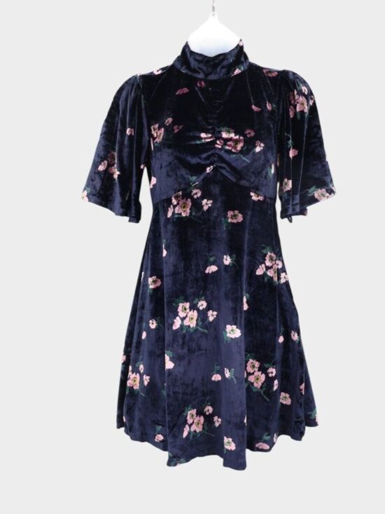 Free People Dresses & Skirts - Free People Be My Baby Velvet Mini Dress Size 0 Navy Floral Print Flutter Sleeve